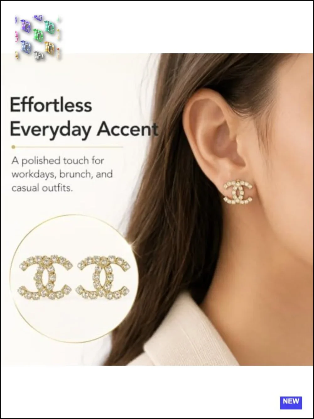 Gold Tone Rhinestone Curved Stud Earrings – Geometric Crystal Pierced Jewelry